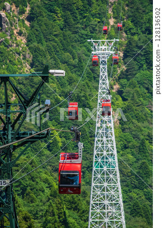 Gozaisho Ropeway in summer "A row of red gondolas overlooking the mountain from Yamagami Park Station" 128136502