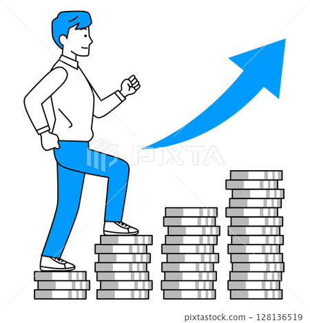 Casual man climbing stairs made of money Casual man climbing stairs made of money 128136519