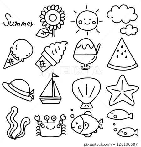 Hand-drawn cute summer line drawing illustration set 128136597