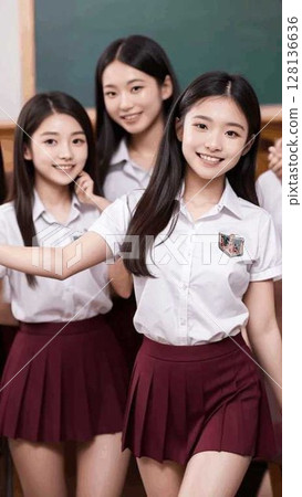 High school girls dancing happily in the classroom 128136636