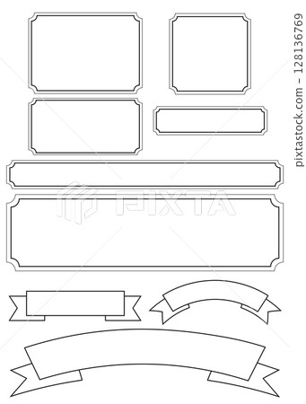 Simple frame and header ribbon set - black and white line illustration 128136769