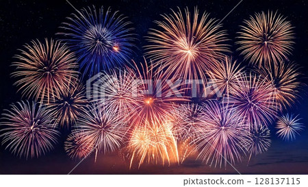 Beautiful and gorgeous fireworks shining in the night sky Background material 16:9 size AI generated material 128137115