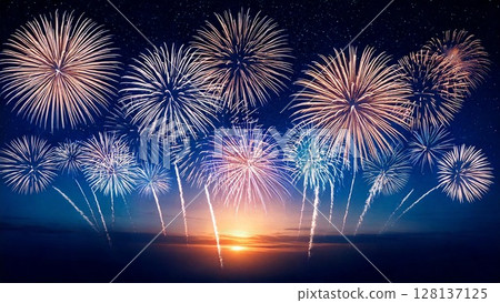 美麗絢爛的煙火閃耀在夜空中背景素材16：9尺寸AI生成素材 128137125