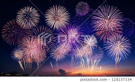 美麗絢爛的煙火閃耀在夜空中背景素材16:9尺寸AI生成素材 美麗絢爛的煙火閃耀在夜空中背景素材16:9尺寸AI生成素材 128137134