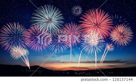 Beautiful and gorgeous fireworks shining in the night sky Background material 16:9 size AI generated material 128137144