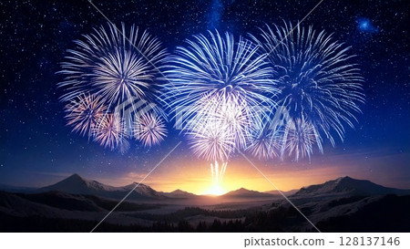 Beautiful and gorgeous fireworks shining in the night sky Background material 16:9 size AI generated material 128137146