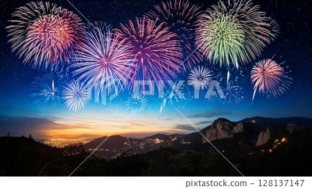Beautiful and gorgeous fireworks shining in the night sky Background material 16:9 size AI generated material 128137147