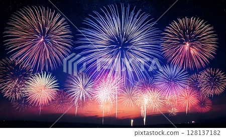 Beautiful and gorgeous fireworks shining in the night sky Background material 16:9 size AI generated material 128137182