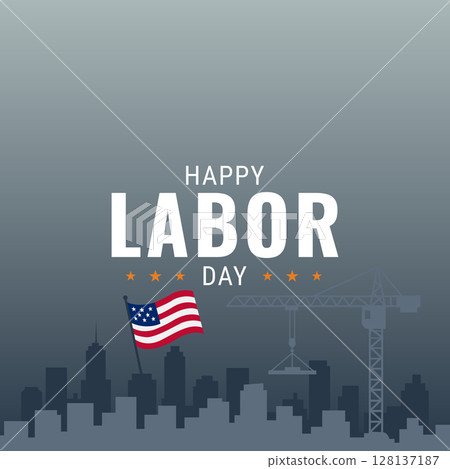 Patriotic Labor Day Illustration with Crane and Stars Over City Patriotic Labor Day Illustration with Crane and Stars Over City 128137187
