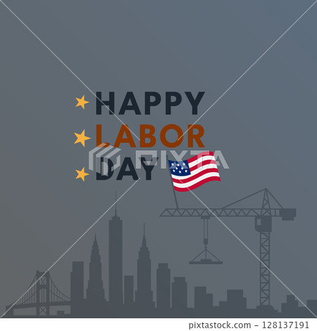 Dark Labor Day Art with Crane and Bridge City Silhouette 128137191