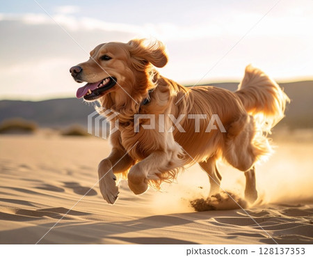 Golden retriever running on the beach 128137353