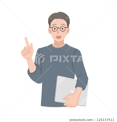 穿著休閒服的男人帶著筆記型電腦 穿著休閒服的男人帶著筆記型電腦 128137411