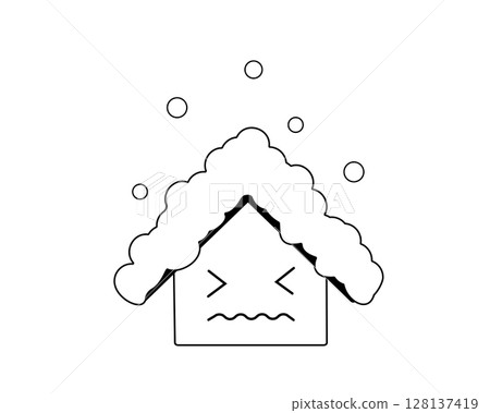 簡單的黑白插圖，描繪了一座房屋因屋頂被雪覆蓋而倒塌 128137419