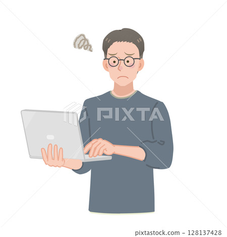 Illustration of a man in casual clothes holding a laptop computer looking worried Illustration of a man in casual clothes holding a laptop computer looking worried 128137428