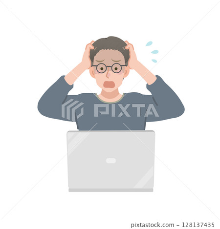 穿著休閒服的男人看著電腦螢幕，震驚了 128137435