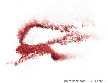 Red metallic glitter sparkle explosion in air. Red Glitter sand spark blink celebrate Chinese new year, fly throw red glitters particle. White background isolated, selective focus Blur bokeh 128137643