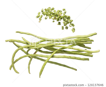 Long yard bean fly explosion, many group green long beans for food cooking float in air. Raw long yard bean throw in mid air as food material. White background isolated high speed freeze motion 128137646