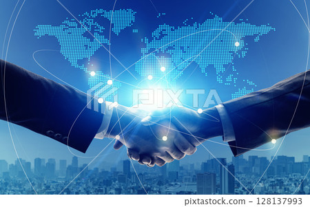 People shaking hands with a world map - Horizontal visual for banners and advertisements People shaking hands with a world map - Horizontal visual for banners and advertisements 128137993