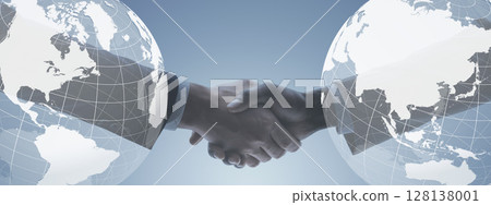 People shaking hands and a world map Horizontal visual for banners and advertisements 128138001