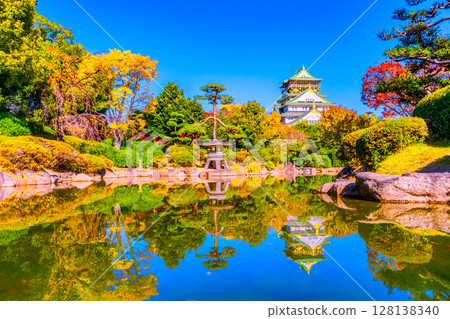 Osaka Castle, Japanese Garden and Water Mirror in Autumn Osaka Castle, Japanese Garden and Water Mirror in Autumn 128138340