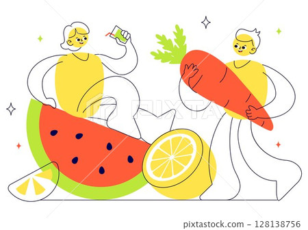 Holistic Nutrition Vector Illustration Featuring Healthy Food, Fruits, and Vegetables, Emphasizing Lifestyle and Environmental Aspects in a Background 128138756