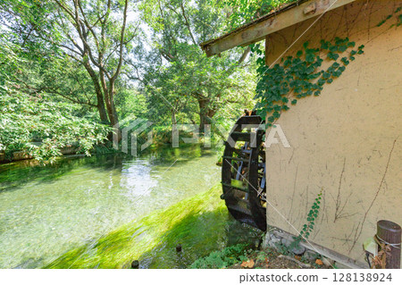 <安曇野>大王山葵農場的水車和美麗溪流的壯麗景色 128138924