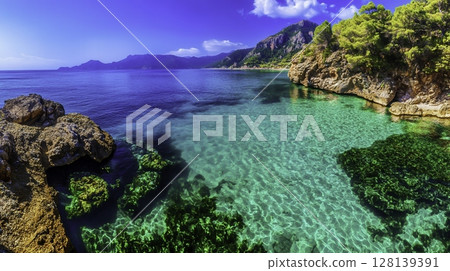 Crystal Clear Tropical Waters with Rocky Shoreline and Lush Greenery in Background Crystal Clear Tropical Waters with Rocky Shoreline and Lush Greenery in Background 128139391