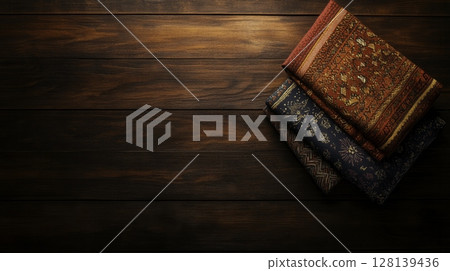 Textiles Display on Dark Wooden Surface with Rich Patterns and Colors Textiles Display on Dark Wooden Surface with Rich Patterns and Colors 128139436