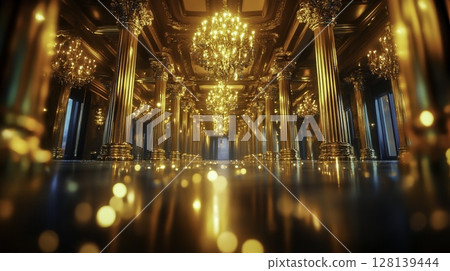 Elegant Grand Hall with Golden Chandeliers and Polished Marble Floor Lighting 128139444