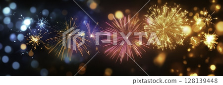 Colorful Fireworks Display with Glittering Bokeh Background for Celebrations Colorful Fireworks Display with Glittering Bokeh Background for Celebrations 128139448