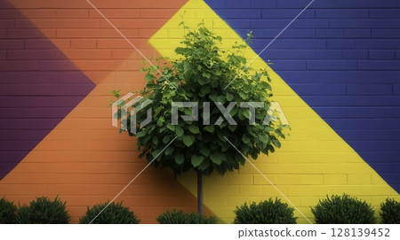 Colorful Geometric Wall Art with Green Tree and Neat Shrubs in Urban Environment Colorful Geometric Wall Art with Green Tree and Neat Shrubs in Urban Environment 128139452