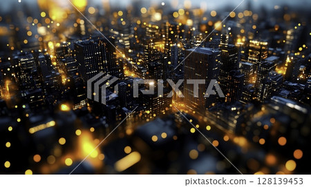 Night Cityscape with Glowing Lights and Bokeh Effect from High Above Aerial View 128139453