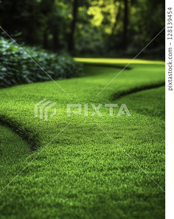 Lush Green Lawn Pathway Curving Through Vibrant Natural Landscape in Soft Light Lush Green Lawn Pathway Curving Through Vibrant Natural Landscape in Soft Light 128139454