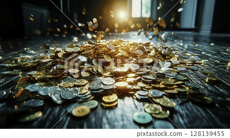 Pile of Shiny Coins Reflecting Light in Dimly Lit Room with Natural Sunlight Pile of Shiny Coins Reflecting Light in Dimly Lit Room with Natural Sunlight 128139455