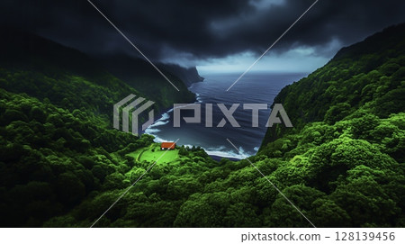 Lush Green Valley with Red Roofed House Overlooking Dramatic Ocean Landscape Lush Green Valley with Red Roofed House Overlooking Dramatic Ocean Landscape 128139456