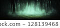Mysterious Foggy Forest with Spectacular Green Hues and Eerie Atmosphere at Dusk 128139468