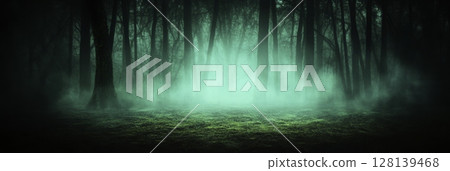 Mysterious Foggy Forest with Spectacular Green Hues and Eerie Atmosphere at Dusk 128139468