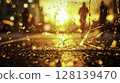 Shards of Glass Reflecting Sunset with Silhouettes of People in Urban Setting 128139470