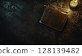 Vintage Leather Wallet on Wooden Table with Candle Light for Cozy Atmosphere 128139482