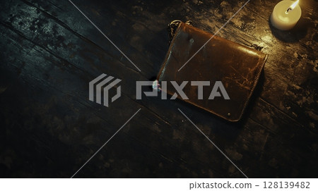 Vintage Leather Wallet on Wooden Table with Candle Light for Cozy Atmosphere 128139482