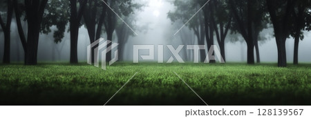 Serene Landscape of Misty Forest with Tall Trees and Lush Green Grass 128139567