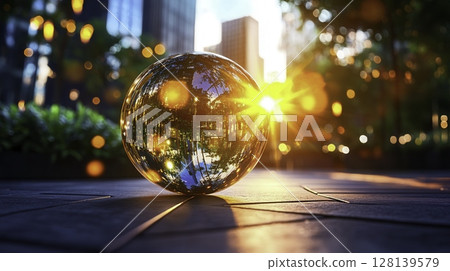 Reflective Sphere Capturing Urban Landscape at Sunset with Warm, Glowing Light 128139579