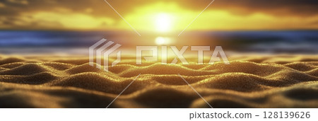 Serene Sunset Over Calm Ocean with Warm Sand Beach and Gentle Waves Reflecting Light 128139626
