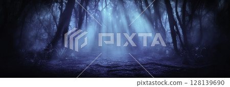 Ethereal Blue Forest with Mist and Rays of Light Illuminating the Dark Space 128139690