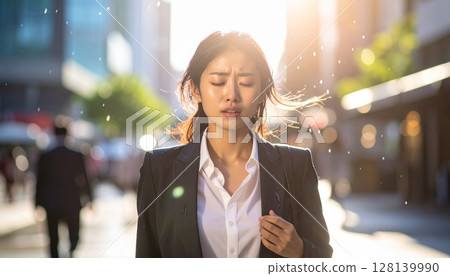 A woman in a suit is tired of the heat in the hot summer sun 128139990