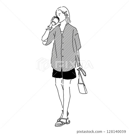 Line drawing of a woman walking while drinking coffee in short pants outfit 128140039