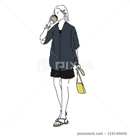 Line drawing of a woman walking while drinking coffee in short pants outfit 128140040