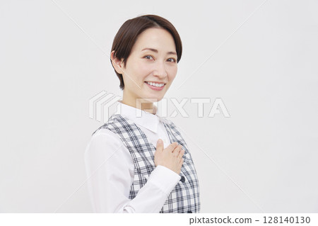 Female office worker, smiling, trust, portrait, white background, looking at camera 128140130