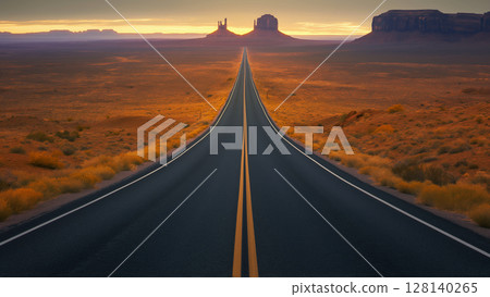 Straight road in the desert in the evening, anime style 128140265