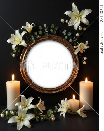 Elegant collection of funeral announcement frames with white lilies, candles, and bokeh lights. 128140291